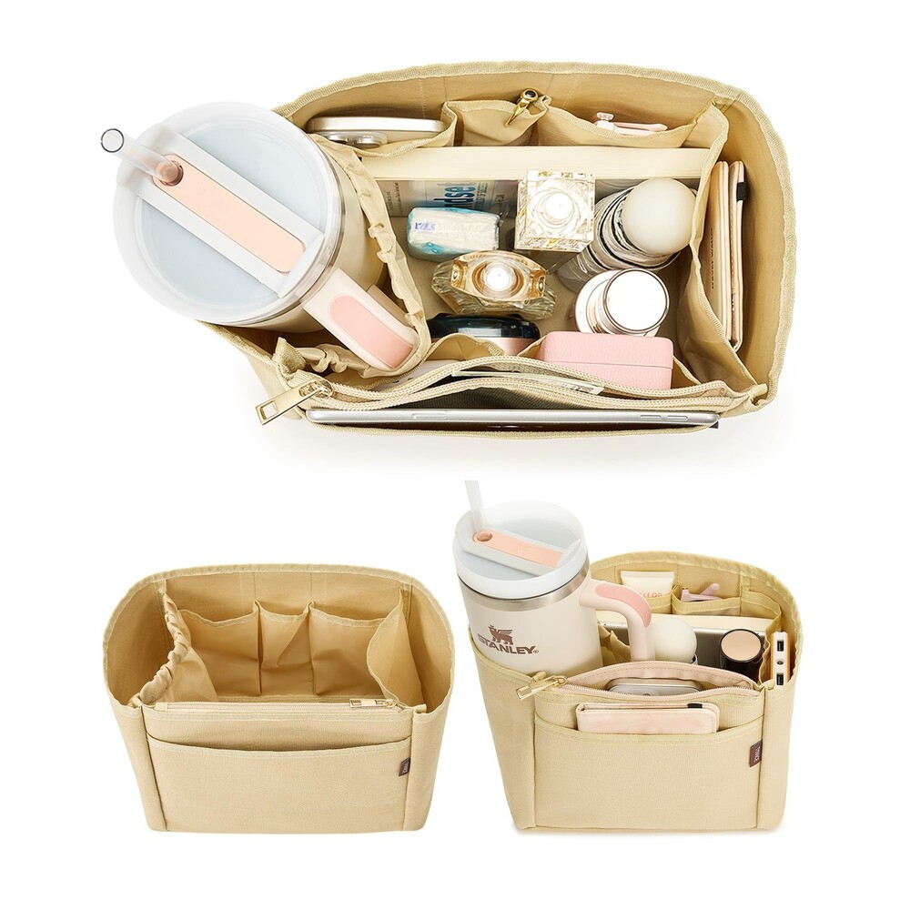 Tote Bag Organizer Insert with Stanley Cup Holder and Zipper Bag (Beige, Medium)
